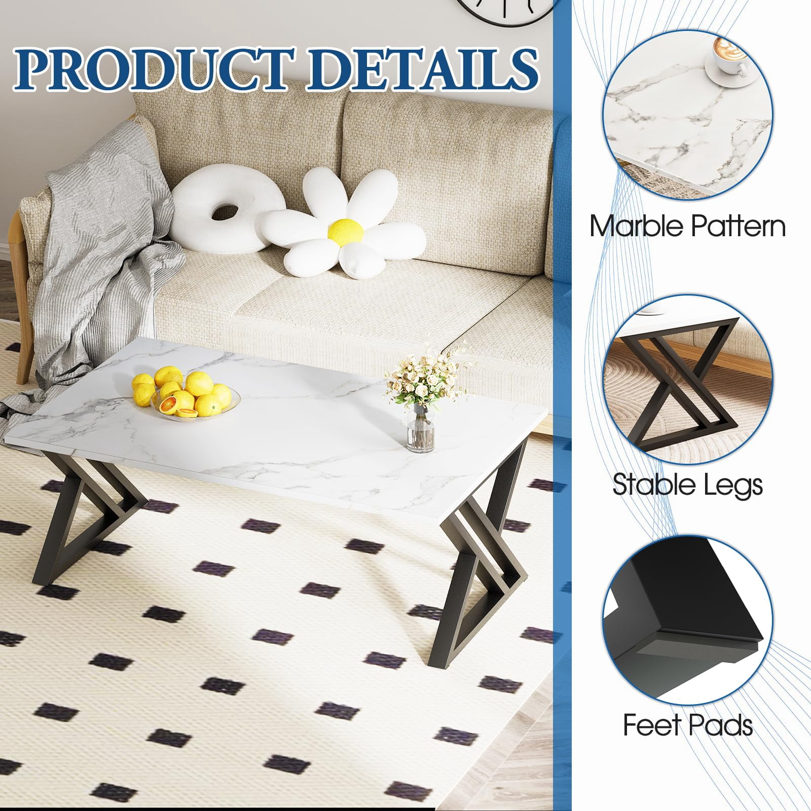 Coffee Table White Living Room Center Table, Simple Modern Faux Marble Rectangular Tea Table with Sturdy Black Metal Frame,Industrial Wooden Coffee Table for Bedroom Home Office