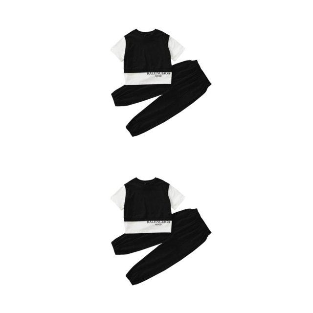 Guardurnaity Conjunto de ropa de verano para niñas, camiseta de manga corta, pantalones atados al tobillo, chándal, trajes deportivos de algodón, Negro 170cm 2piezas