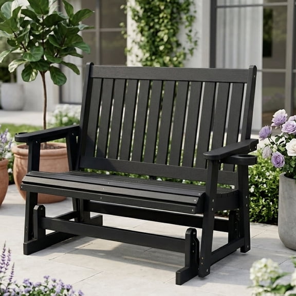 HIPS Patio Glider Two-Seat with Cup Holders, Durable HIPS Material, All-Weather Resistant, High Backrest and Deep Contoured Seat, Heavy Duty 900 lb, for Outdoor, Porch, Patio (Vanta Black)