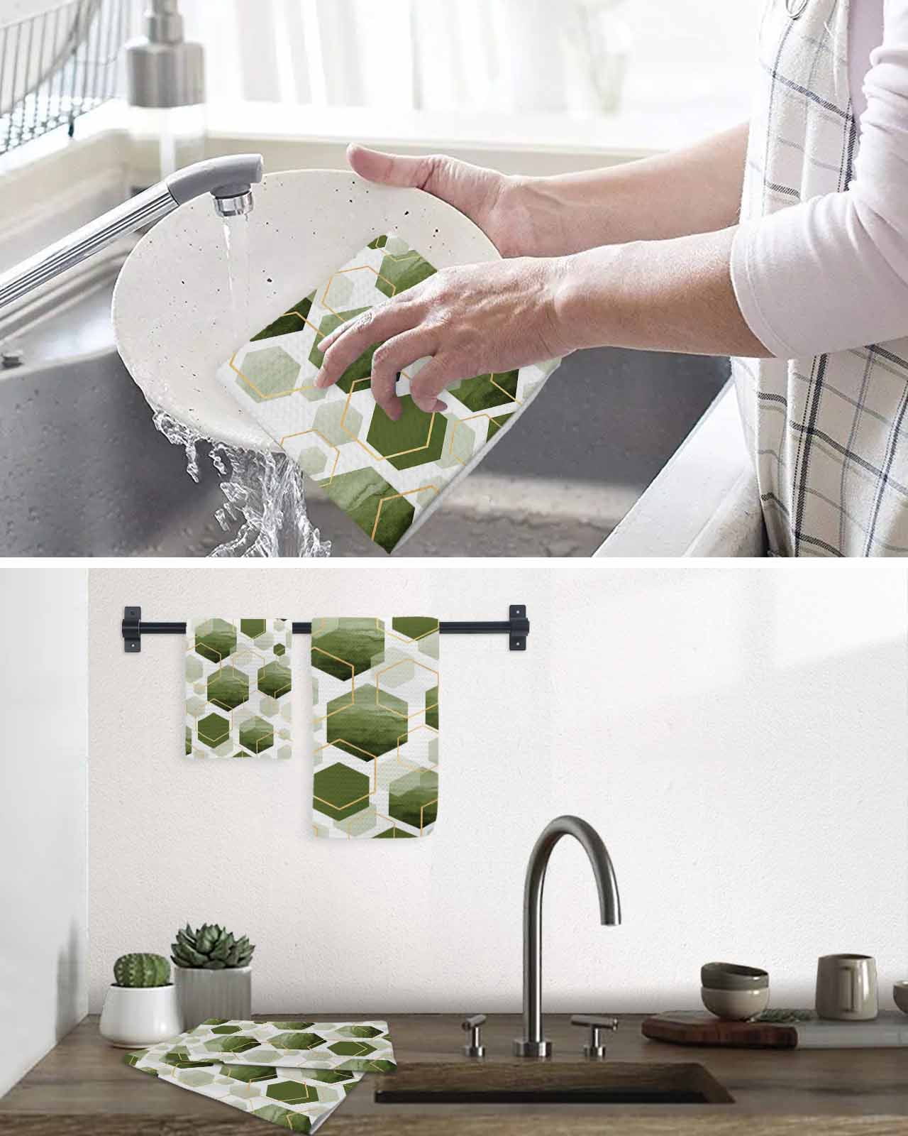 Sage Green Marble Kitchen Dish Towels for Drying Dishes Set of 2, Gold White Geometric Hexagon Modern Waffle Weave Microfiber Hand Tea Bathroom Towels Quick Dry & Absorbent Towel 15.7x23.6