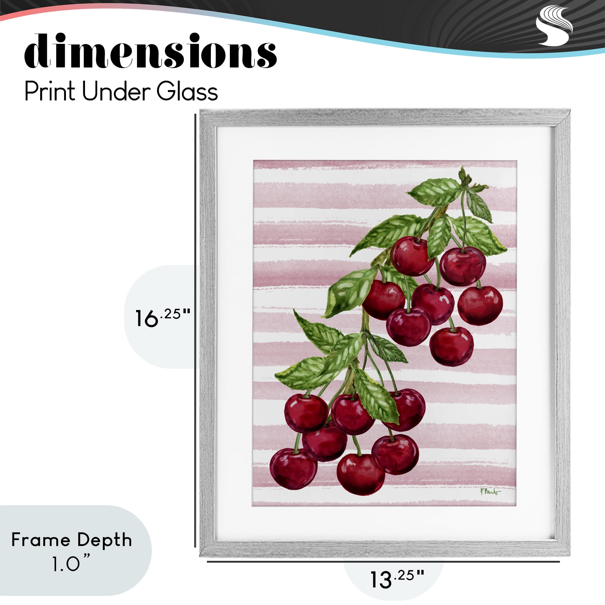 Stupell Industries Juicy Cherry Vine on Stripes Gray Framed Print Under Glass, design by Paul Brent