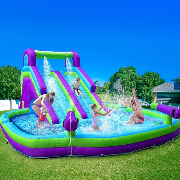 Inflatable Double Water Slide with Climbing Wall & Large Splash Pool - Backyard Kids Water Park with Blower & Accessories (Purple & Green)