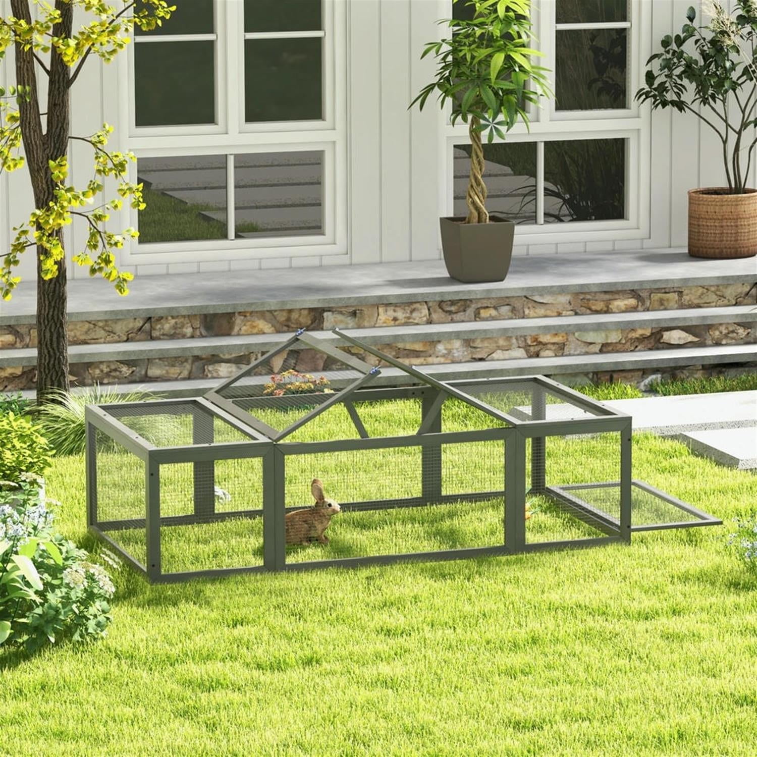 Kadyn 70" Outdoor Rabbit Hutch with Run and Lockable Doors, Wooden Small Animal Habitat Enclosure Bunny Cage for Bunnies, Guinea Pigs, Gray