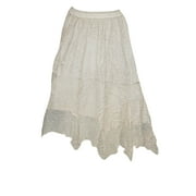 Mogul Women's Skirt Beige Embroidered Elastic Wasit Maxi Skirt