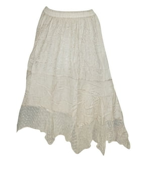 Mogul Women's Skirt Beige Embroidered Elastic Wasit Maxi Skirt