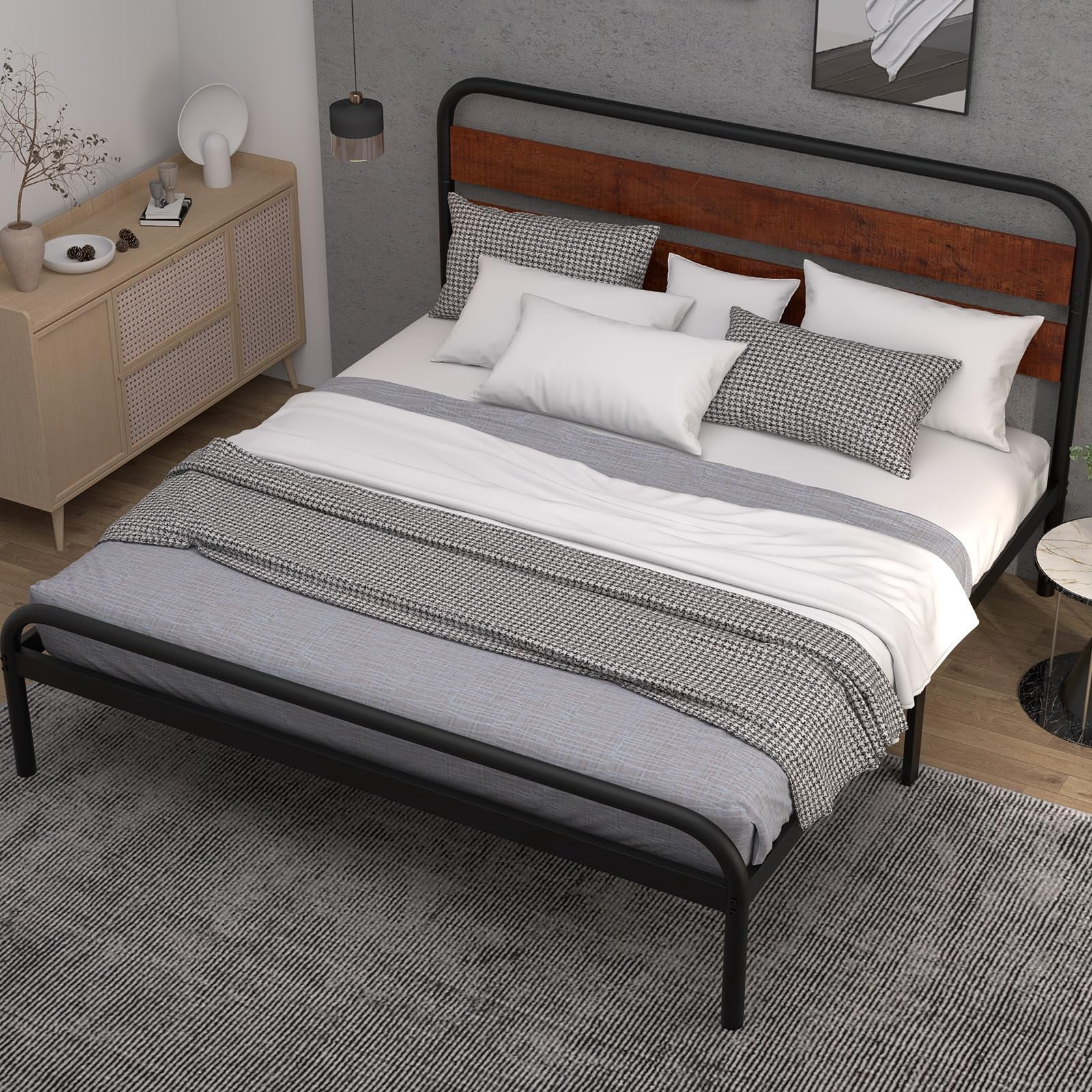 TROPOW King Size Bed Frame,Platform Bed Frame with Wooden Headboard and Footboard, Heavy Duty Metal Slats Support, Under Bed Storage, No Box Spring Needed, Noise Free, Easy Assembly