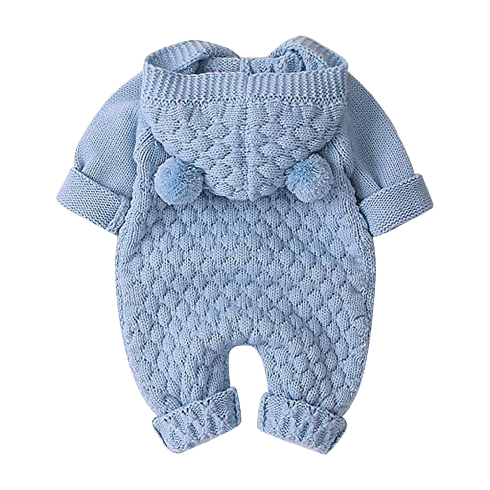 IBTOM CASTLE Unisex Baby Boy Girl Cute 3D Bear Ears Hooded Knitted Sweater Long Sleeve Romper Overall Sleepwear Winter Warm Clothes 0-6 Months Light Blue