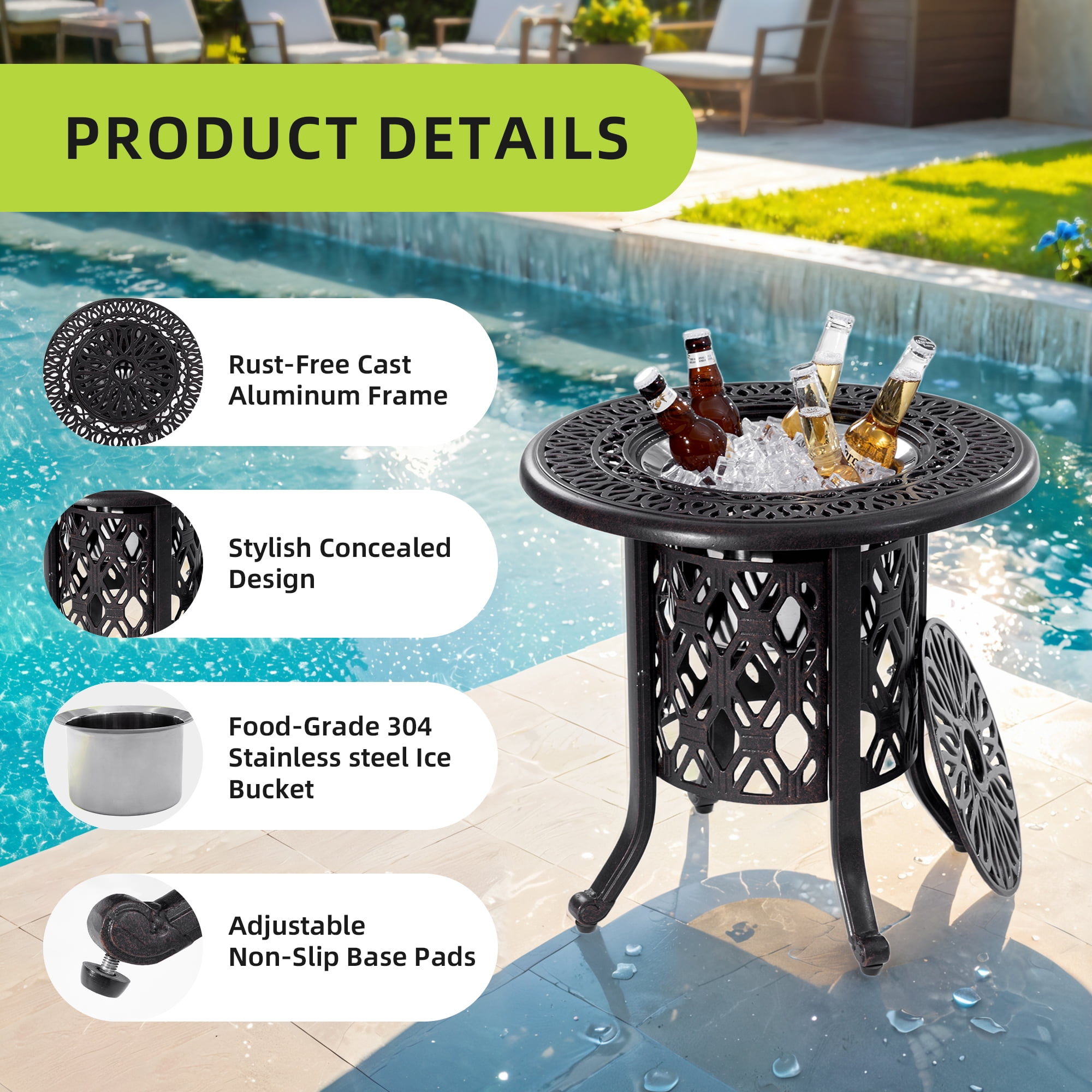 Patio Cooler Bar Table,Side Table With Removable Ice Bucket for Indoor & Outdoor, Patio, Balcony,Bronze