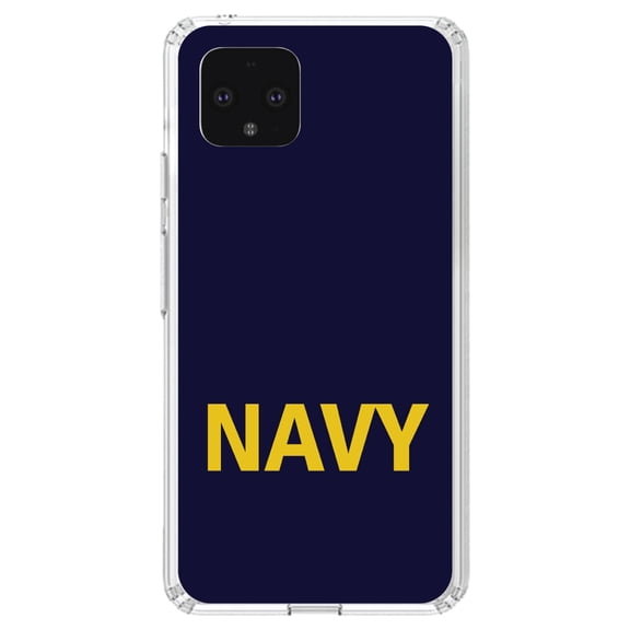 DistinctInk Clear Shockproof Hybrid Case for Google Pixel 4 XL (6.3" Screen) - TPU Bumper, Acrylic Back, Tempered Glass Screen Protector - Yellow Navy - Show Your Support for the Navy