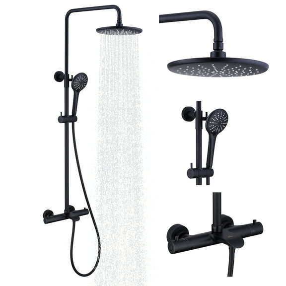 CASAINC 3-Spray Patterns 9 in. Thermostatic Shower Faucet Wall Mount Dual Shower Heads and Tub Faucet in Matte Black