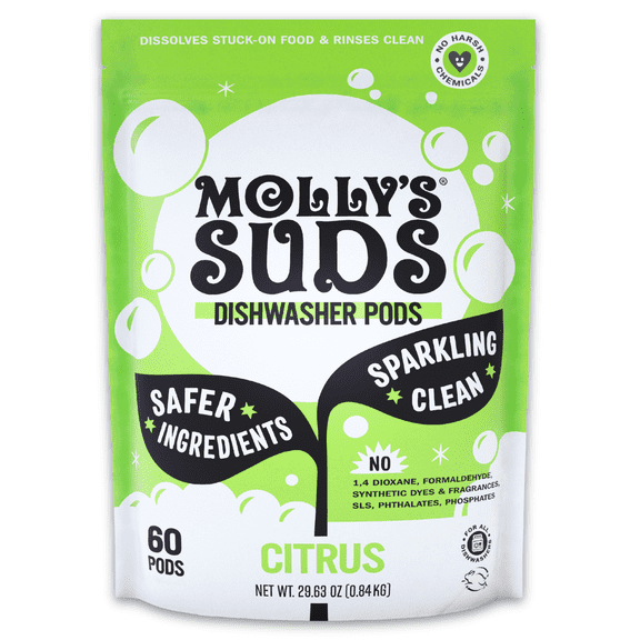 Molly's Suds Dishwasher Detergent Pods | Cuts Grease & Rinses Clean (Residue-Free) | 60 Auto-Release Tabs (Citrus)