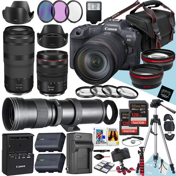 Canon EOS R5 Mirrorless Camera w/ 24-105mm, 100-400mm & 420-800mm Lenses   2x128GB Cards, Monopod, Filters, 42pc Bundle (International Version)