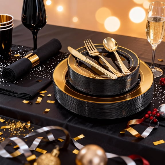 350PCS Black and Gold Plastic Plates - Plastic Dinnerware Set for 50 Guests