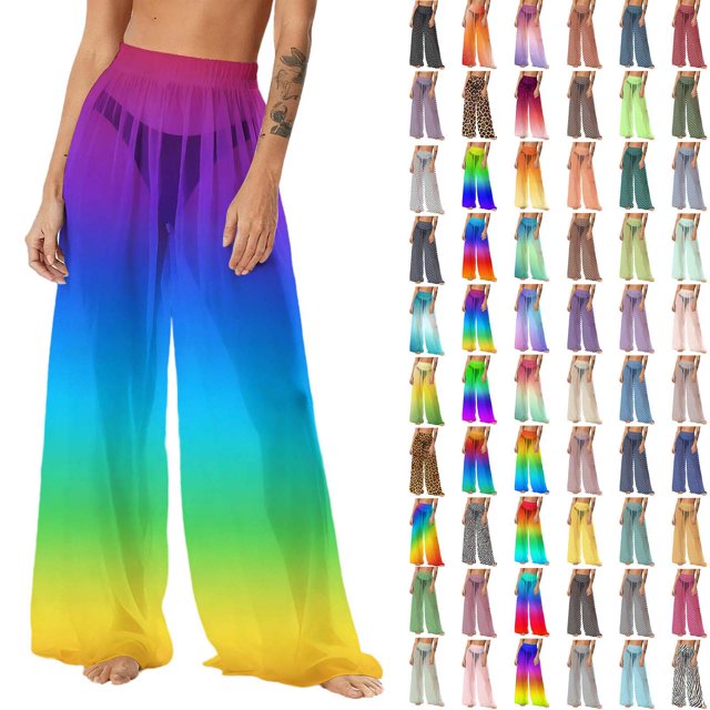 Pincandy Women's Cover Up Pants Sheer Sarong Coverups Summer Boho Beach Pant Elastic Waist Palazzo Cover Up Pants