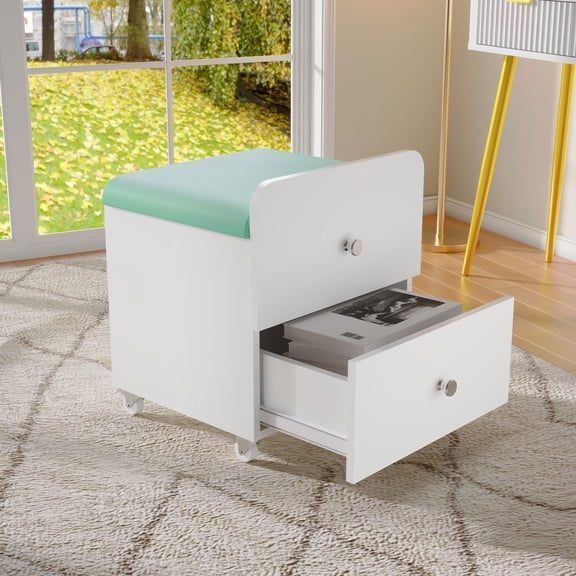 Garvee Vanity Stool Chair with Storage, Square Makeup Vanity Stool Side Table with Storage Drawer, Padded Seat for Bedroom, Living Room, Home Office, Makeup Stations, Green