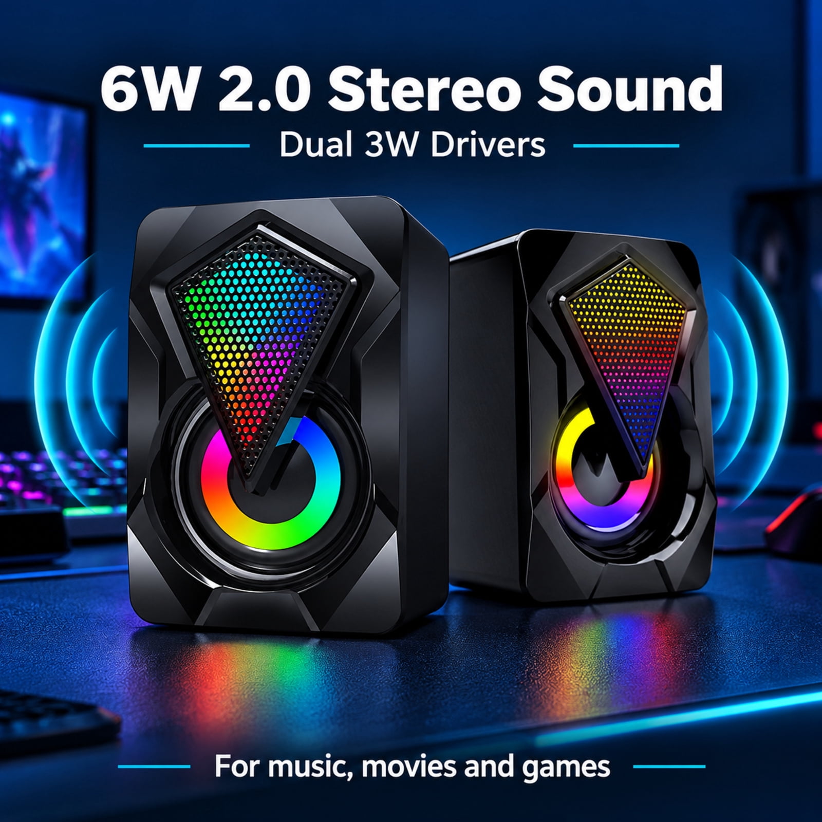 Computer Speakers for Desktop or Laptop, TSV 2.0 Stereo RGB PC Gaming Speakers with Stereo Surround Bass, 7 Colors LED Lights, USB-Powered 3.5mm Wired Speakers for PC Smartphone Tablet Projector TV