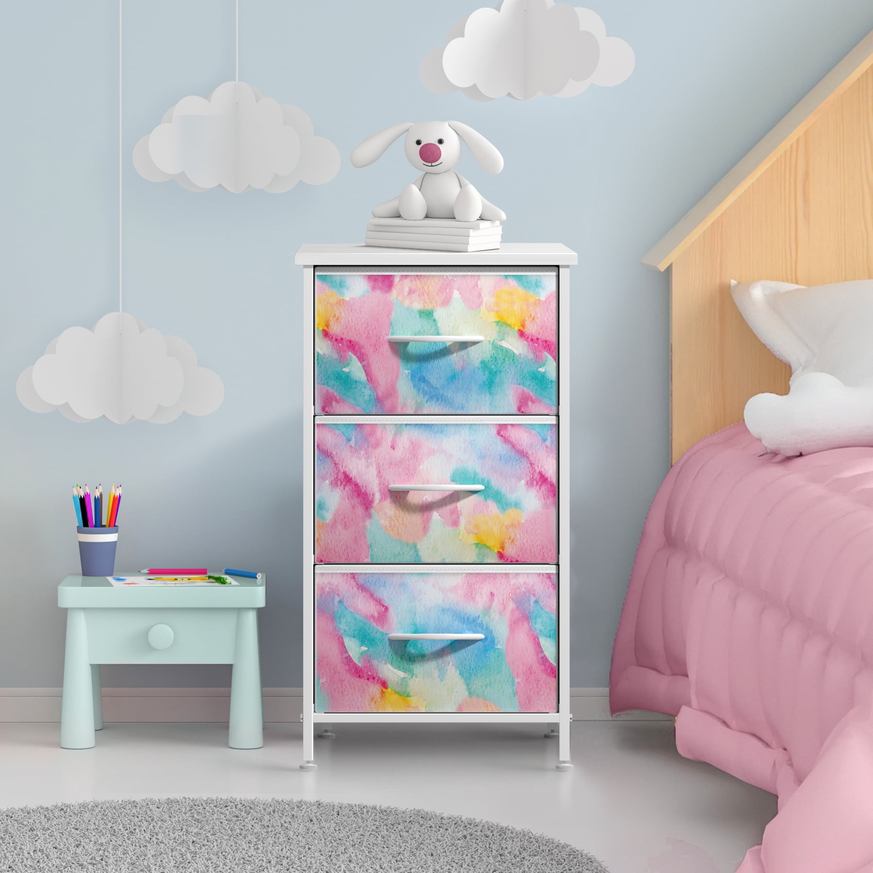 Sorbus 3-Drawer Nightstand with Steel Frame, Wood Top, Fabric Bins, Watercolor