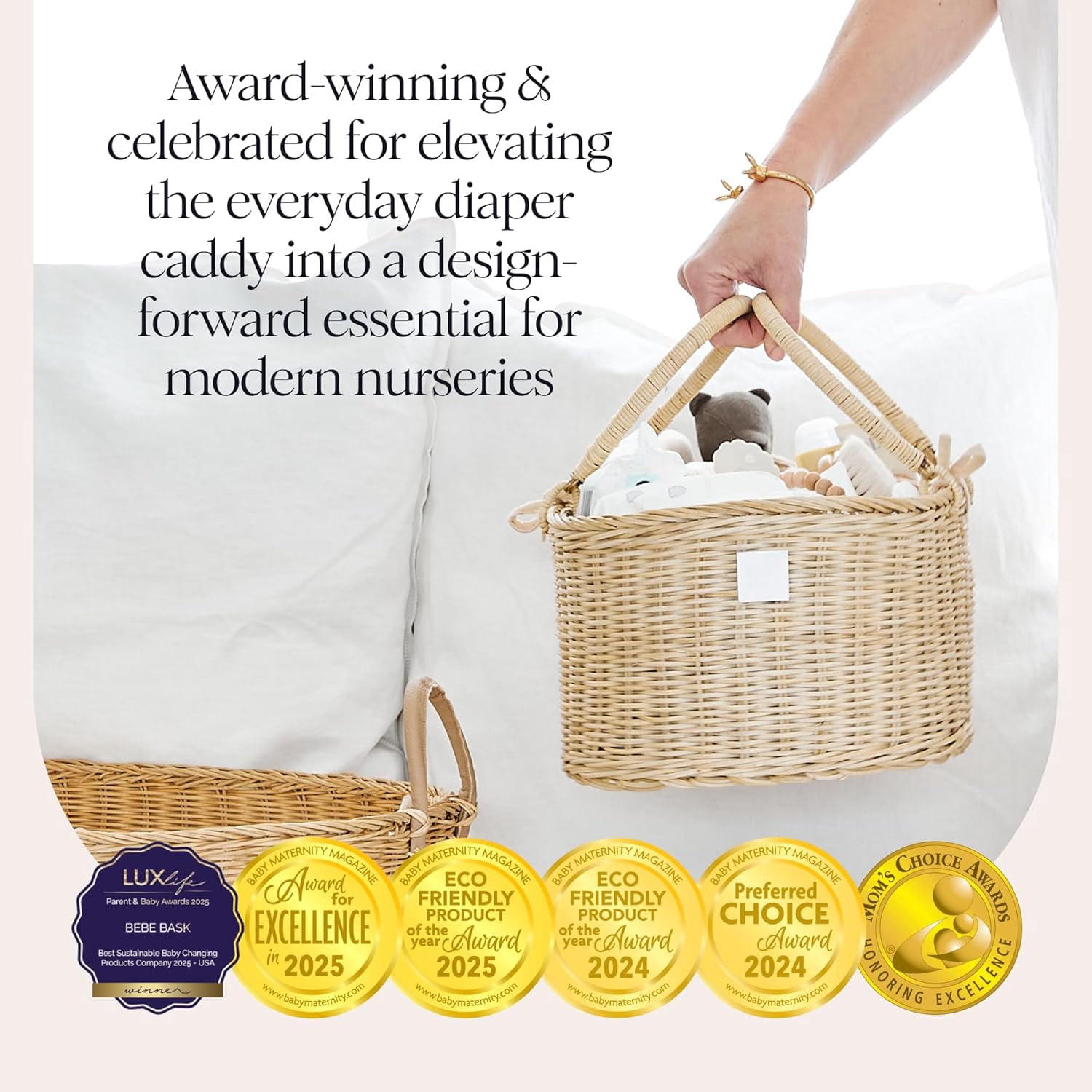 Premium  Diaper Caddy Organizer - Handmade Rattan Basket With Cotton Divider - Award-Winning & Luxury Diaper Caddy Basket - (SAVANNAH)