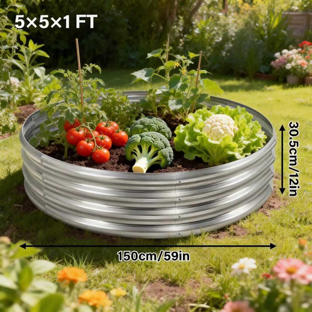 5FT Diameter Camp Fire Ring Pit, Large Round Galvanized Steel Fire Pit, Heavy Duty Steel Fire Pit Silver for Backyard, Camping, Bonfire (5x5x1FT)