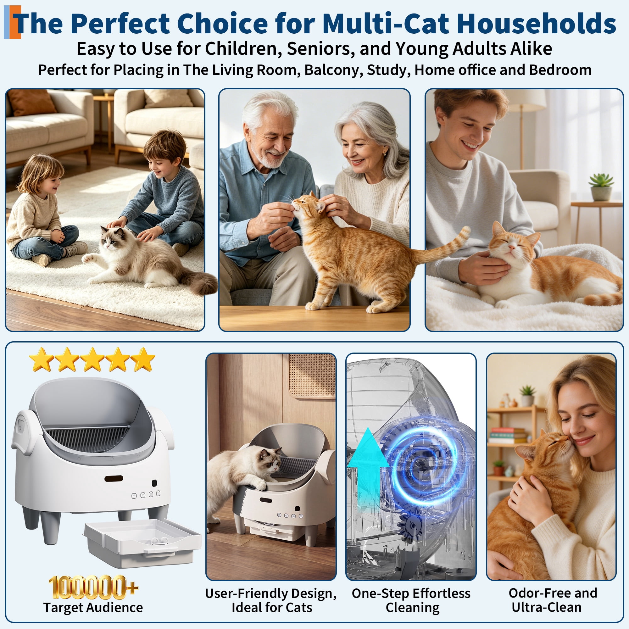 Wisykoke Self Cleaning Litter Box, Open Top Automatic Cat Litter Box with App Control, Electric Cat Litters Box Adjustable Entrance Height, Multi-Sensor Safety Protection