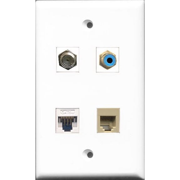 RiteAV 1 Port RCA Blue and 1 Port Coax Cable TV- F-Type and 1 Port Phone RJ11 RJ12 Beige and 1 Port Cat5e Ethernet White Wall Plate
