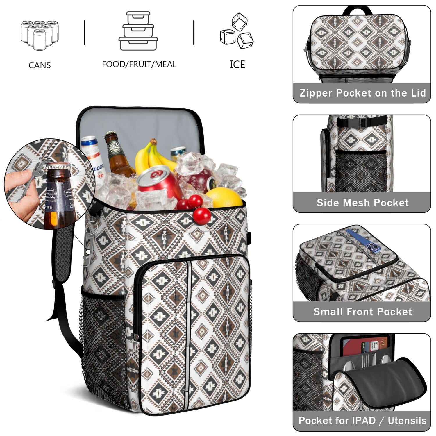 Travel Cooler Bag - Boho Bohemia Pioneer Flower Geometric Line Art Camping Beer Cooler Backpack with Bottle Opener- Waterproof Insulated Picnic Backpacks - Cooler Bag for Beach