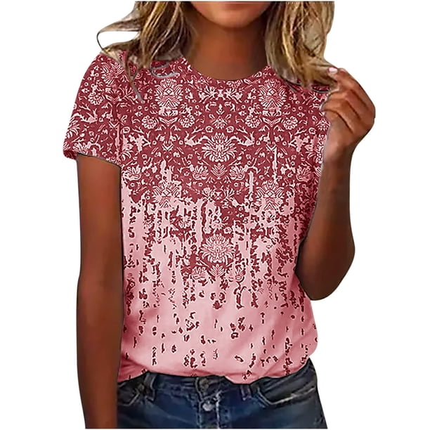 moda de las mujeres casual manga corta impreso cuello redondo suéter suelto top rosa/3xl