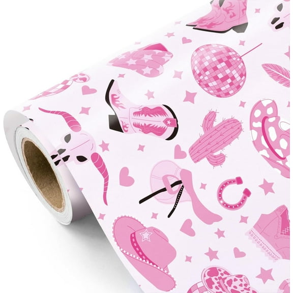 Western Cowgirl Wrapping Paper Roll 23x58 Inch Cowgirl Hat Boots with Pink Bow Design Gift Wrap Paper Perfect for Women Girls Birthday, Nashville Party