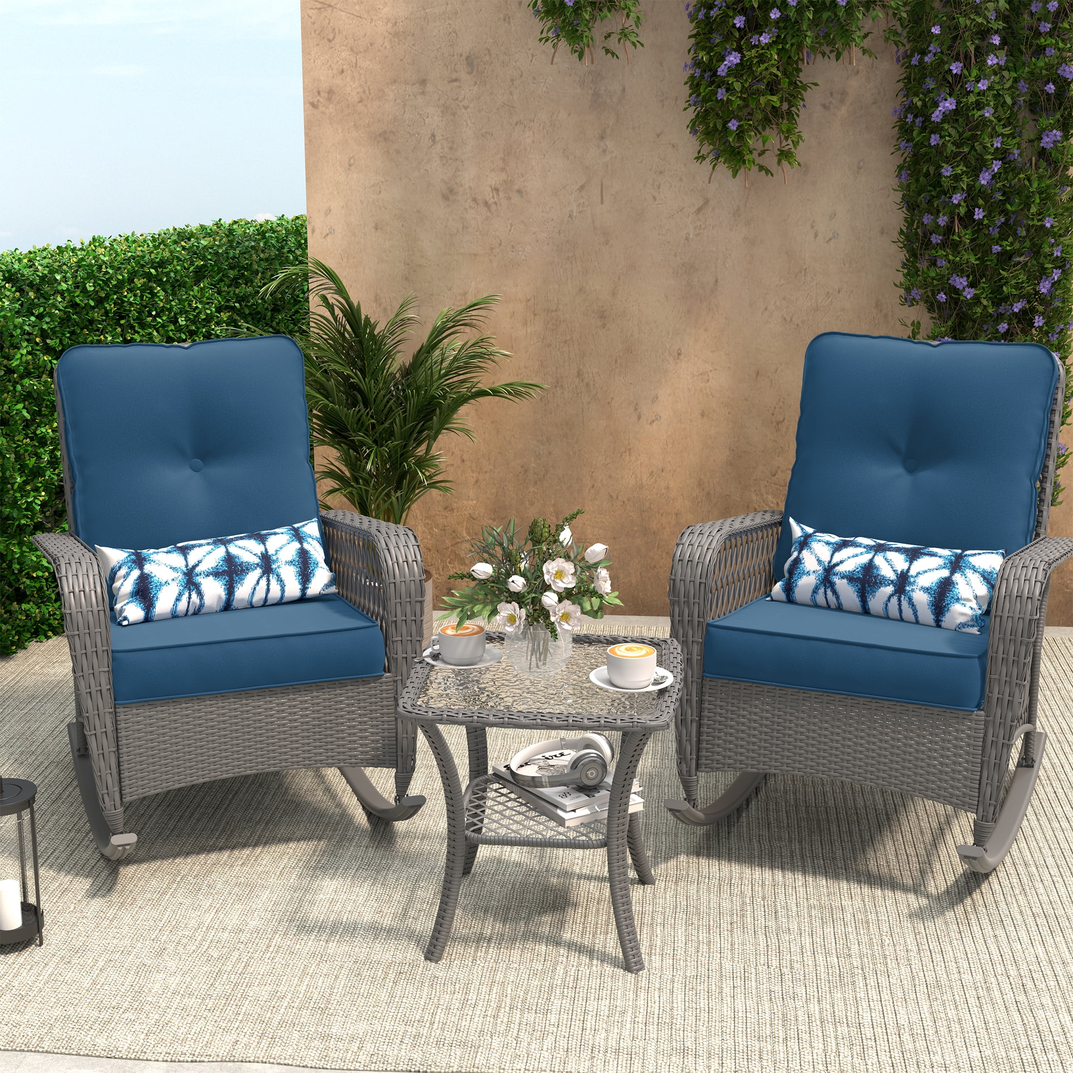 Poteban 3-Piece Outdoor Rocking Chairs, Wicker Patio Furniture with Thickened Cushions and Table for Porch (Blue)