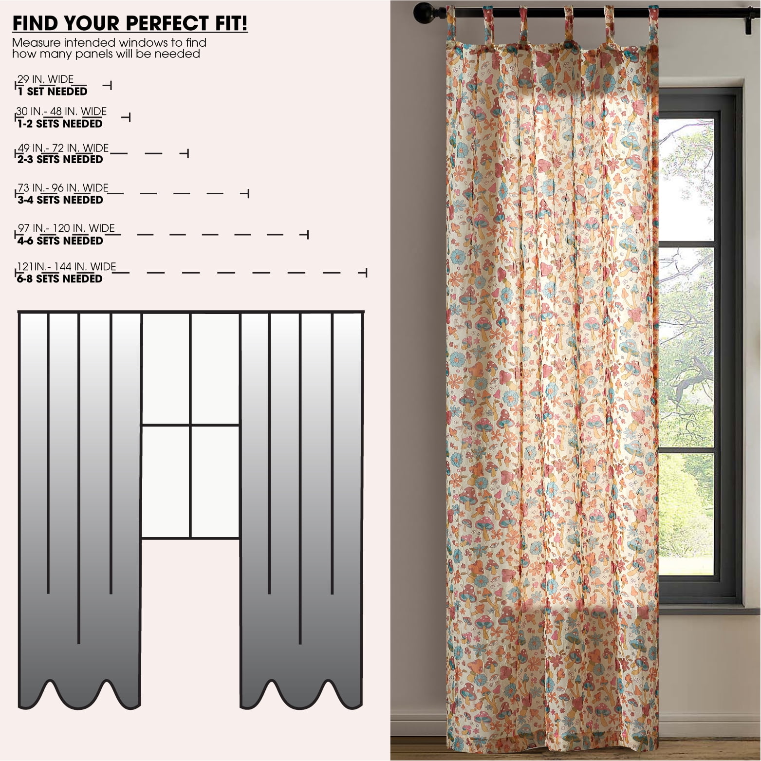 Urban Shop 38" x 84" Sheer Single Curtain Panel, Mushroom Print