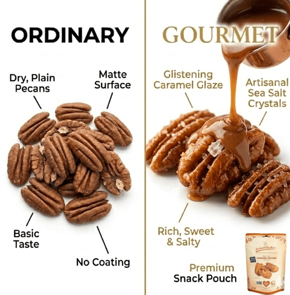 Nuts on the Run Sea Salt Caramel Pecan Pralines – Candied Pecans with Salted Caramel - Vegan, Gluten-Free, Kosher, Non-GMO Glazed Pecans – 4oz (Pack of 3 Pouch Bags) Handmade Snacks