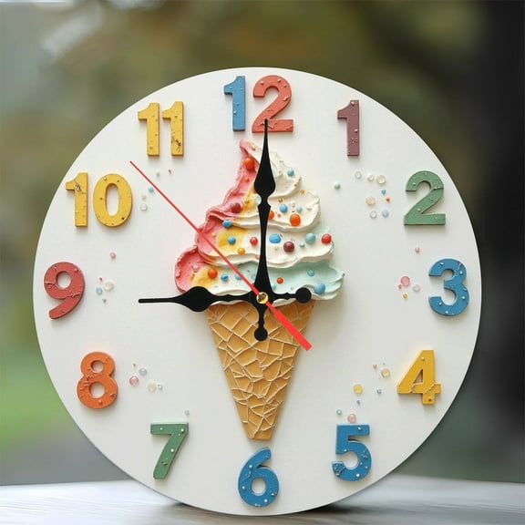 Colorful Ice Cream Cone Wall Clock Decor 10-Inch Silent Wooden Wall Clock, Battery Operated (AA Batteries Not Included), Artistic Home Decor