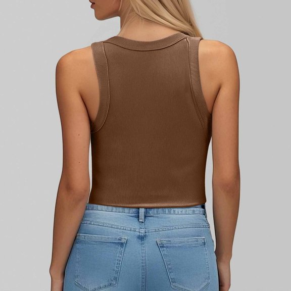 Ribbed Tank Tops for Women Built in Bra High Neck Racerback Shelf Bra Summer Casual Comfortable Yoga Shirts Sleeveless Undershirt Brown, Size XXL