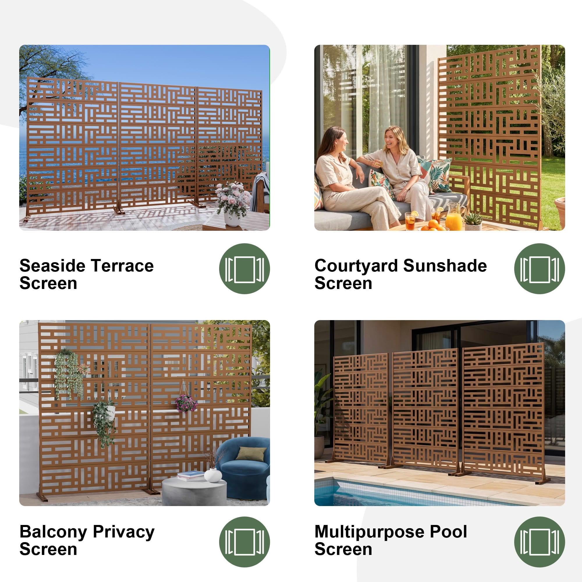 MAYEERTY 72"x47" Outdoor Privacy Fence, 6-Panel Brown Geometric Street Pattern Galvanized Steel Panel, Freestanding for Backyard Garden