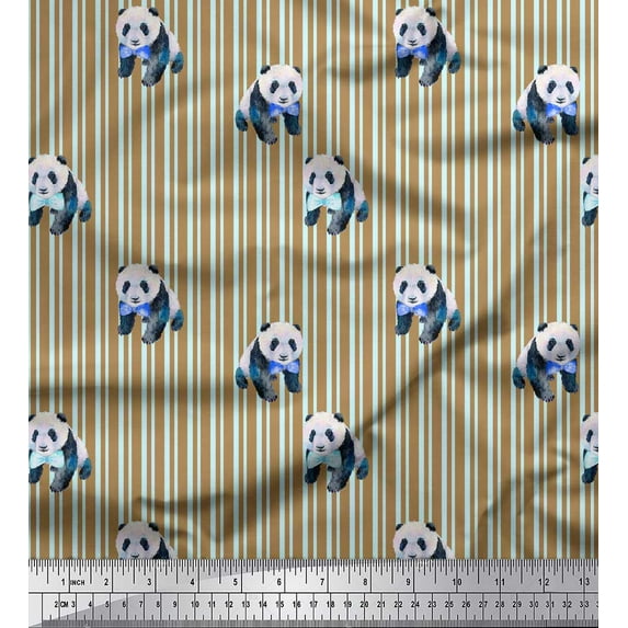 Soimoi Brown Cotton Voile Fabric Panda & Stripe Fabric Prints By Yard 42 Inch Wide