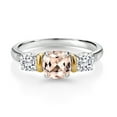 thumbnail image 2 of Gem Stone King 925 Silver and 10K Yellow Gold 3-Stone Diamond Ring Cushion Peach Morganite and Moissanite (1.48 Cttw, Size 9), 2 of 3