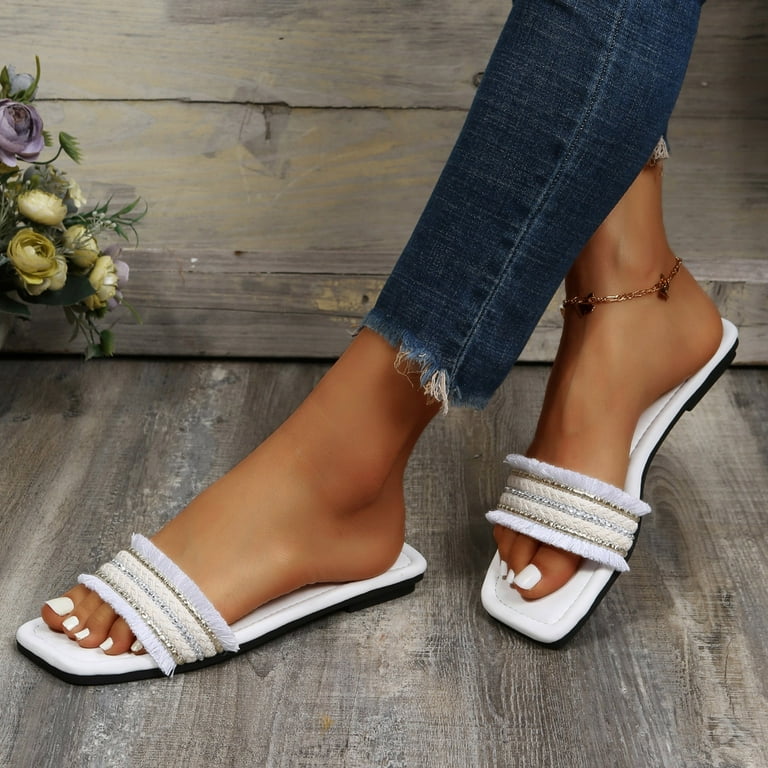 Women Shoes Women Flat Beaded Fringe Slippers Square Headband