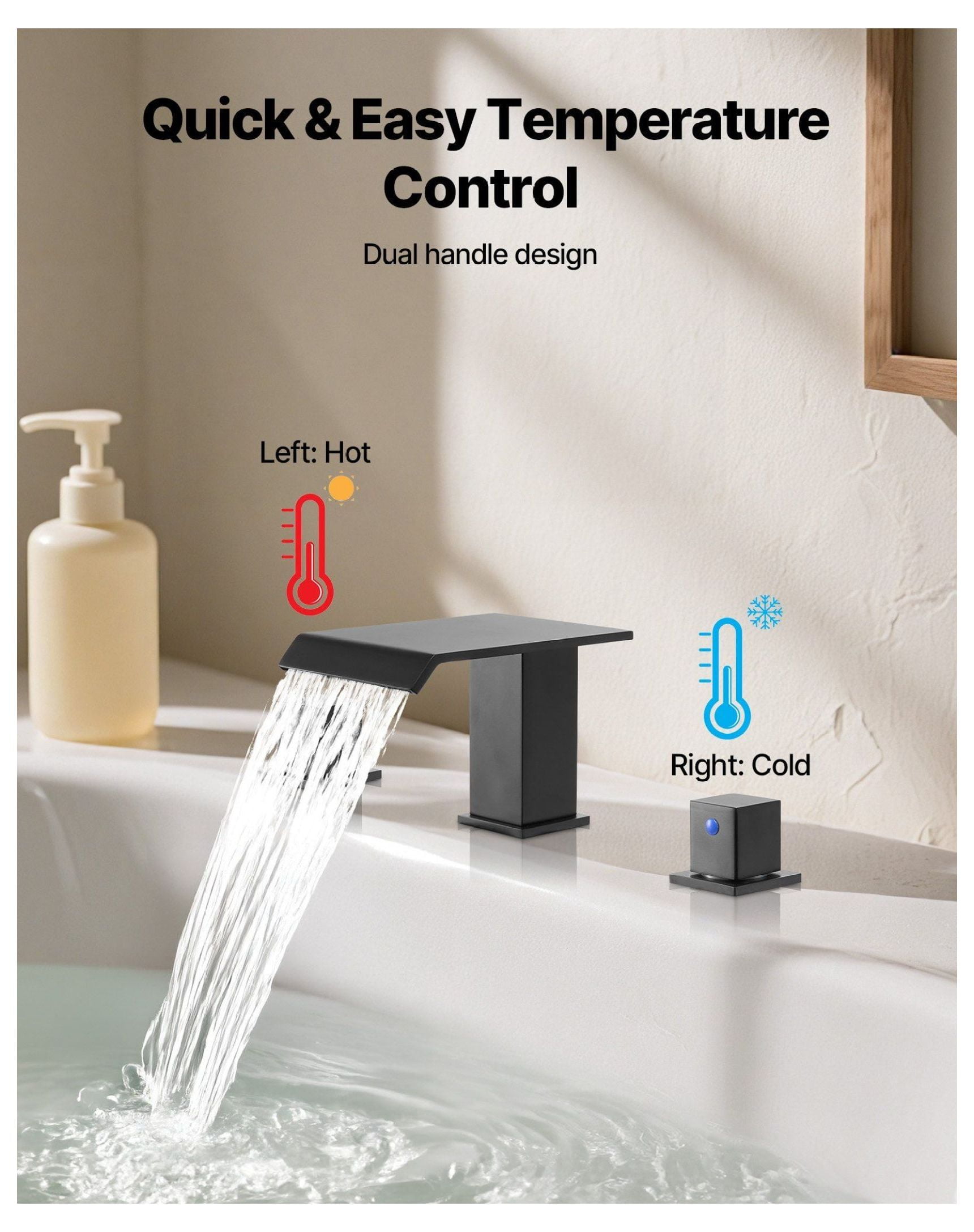 Roman Tub Faucet 3 Hole, Waterfall Bathtub Faucet with Handles, Deck Mount Tub Spout for Pet/Baby, Matte Black, Drip-Free