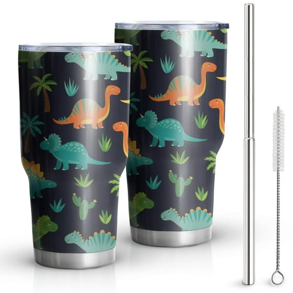 30oz Dark Dinosaur Cactus Pattern Tumblers Stainless Steel Tumbler with Lid and Straw,Vacuum Insulated Double Wall Travel Tumbler Cups Mug with Cleaning Brush for Coffee,Tea