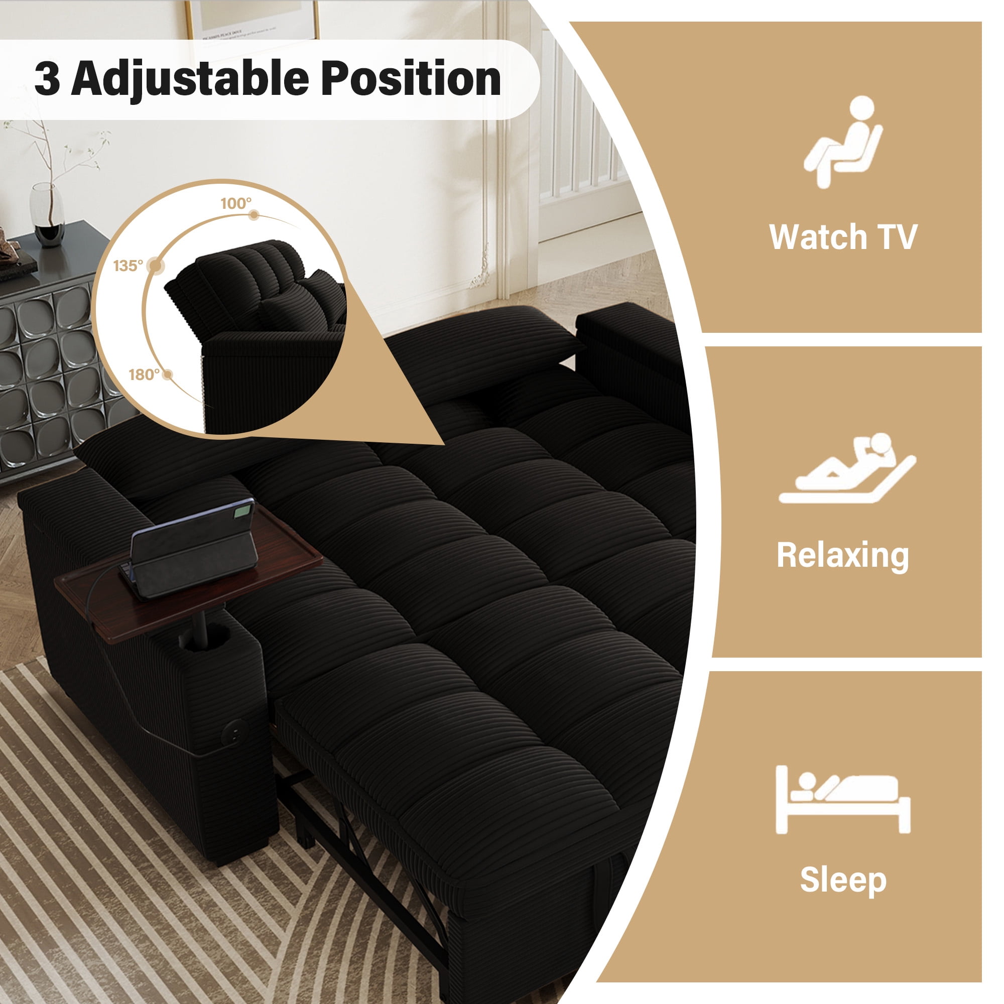 Aukfa 65"W Convertible Sofa Bed with Storage, 3-in-1 Corduroy Queen Sleeper Sofa Couch with 360° Swivel Side Table & USB /Type-C Ports,Black
