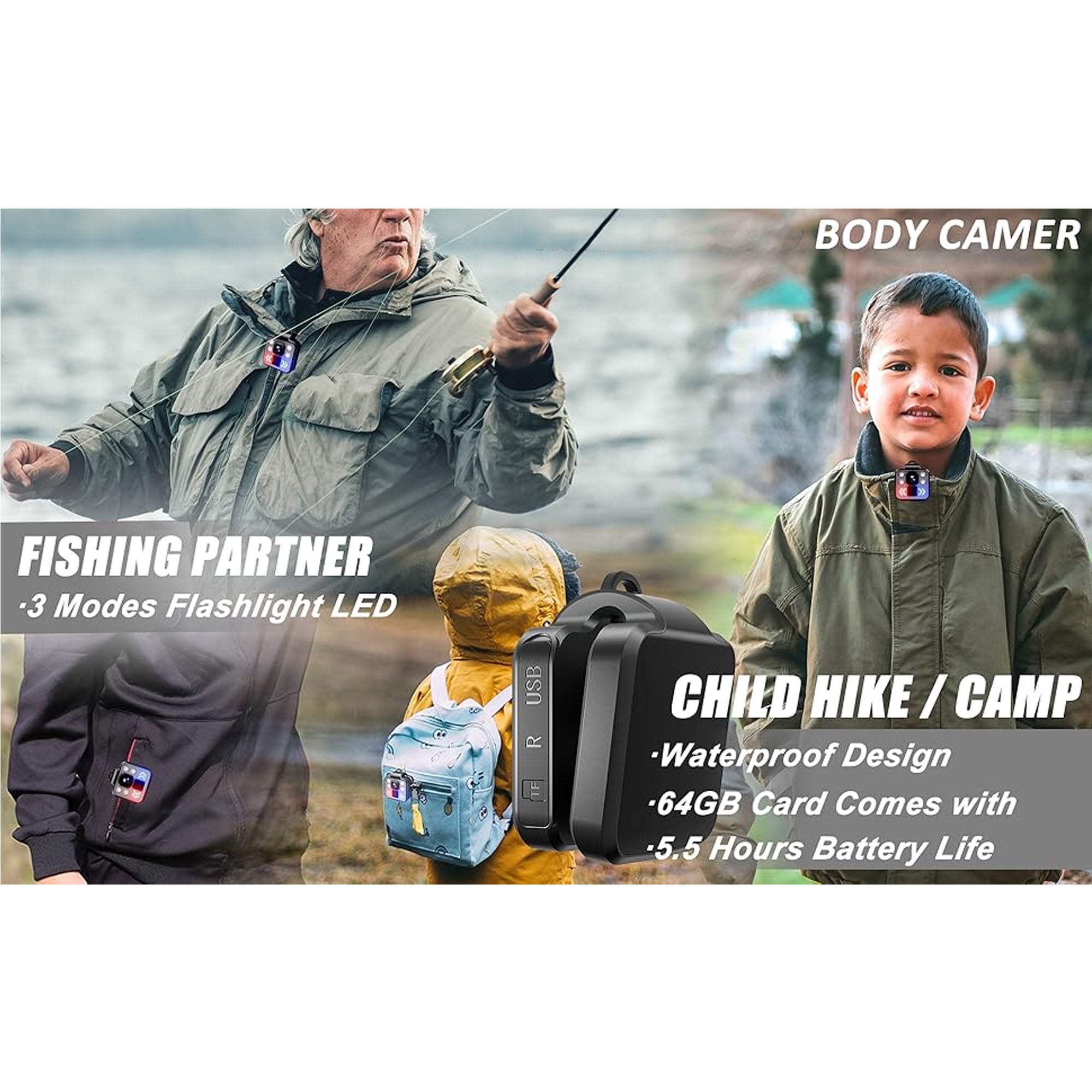 Body Camera with Audio & Video Recording - 1080P Mini Small Portable Sport 64G Cam Recorder - Flashlight Headlamp Waterproof Cam- for Child Pet Home Outdoor Fishing Camping (With Magnetic Lanyard)