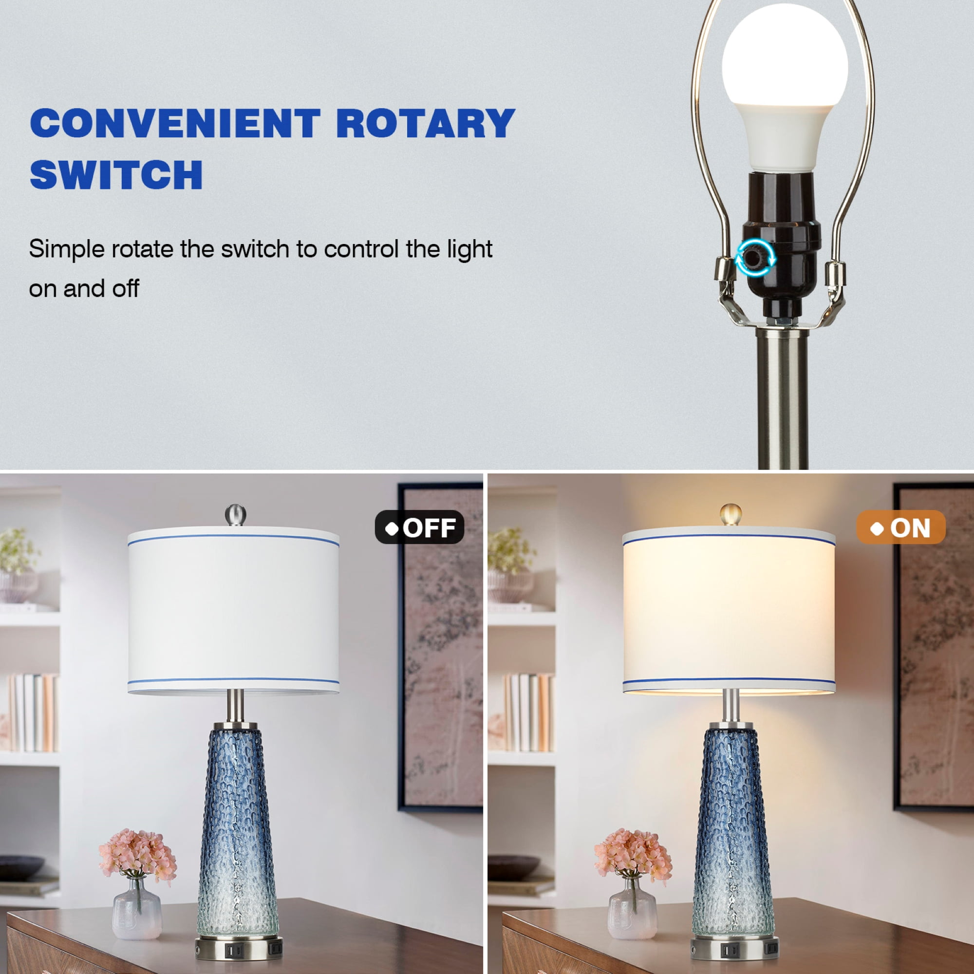 Cinkeda Glass Table Lamp Set of 2 with Nightlight USB A+C Ports AC Outlet Modern Gradient Blue Nightstand Bedside Lamps for Bedroom Living Room