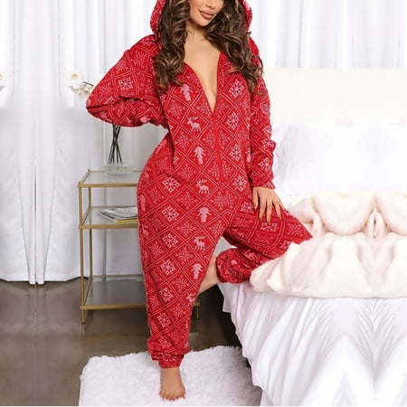 

JNGSA Womens Pajama Sets Womens Robes Long Women s Fashion Casual Hooded Padded One-Piece Pajamas Plaid Print Christmas Homewear Clearance