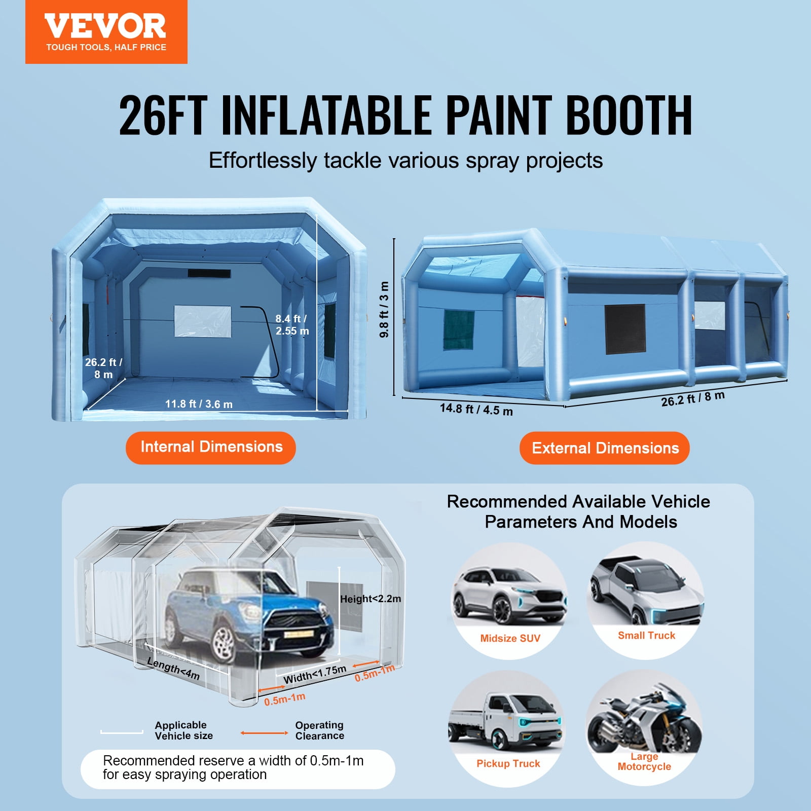 VEVOR Inflatable Paint Booth, 26.2 x 14.8 x 9.8 ft Inflatable Spray Booth, Portable Car Paint Booth for Small Truck, with 950W+750W Powerful Blowers and Air Filter System,Large Motorcycle, Midsize SU