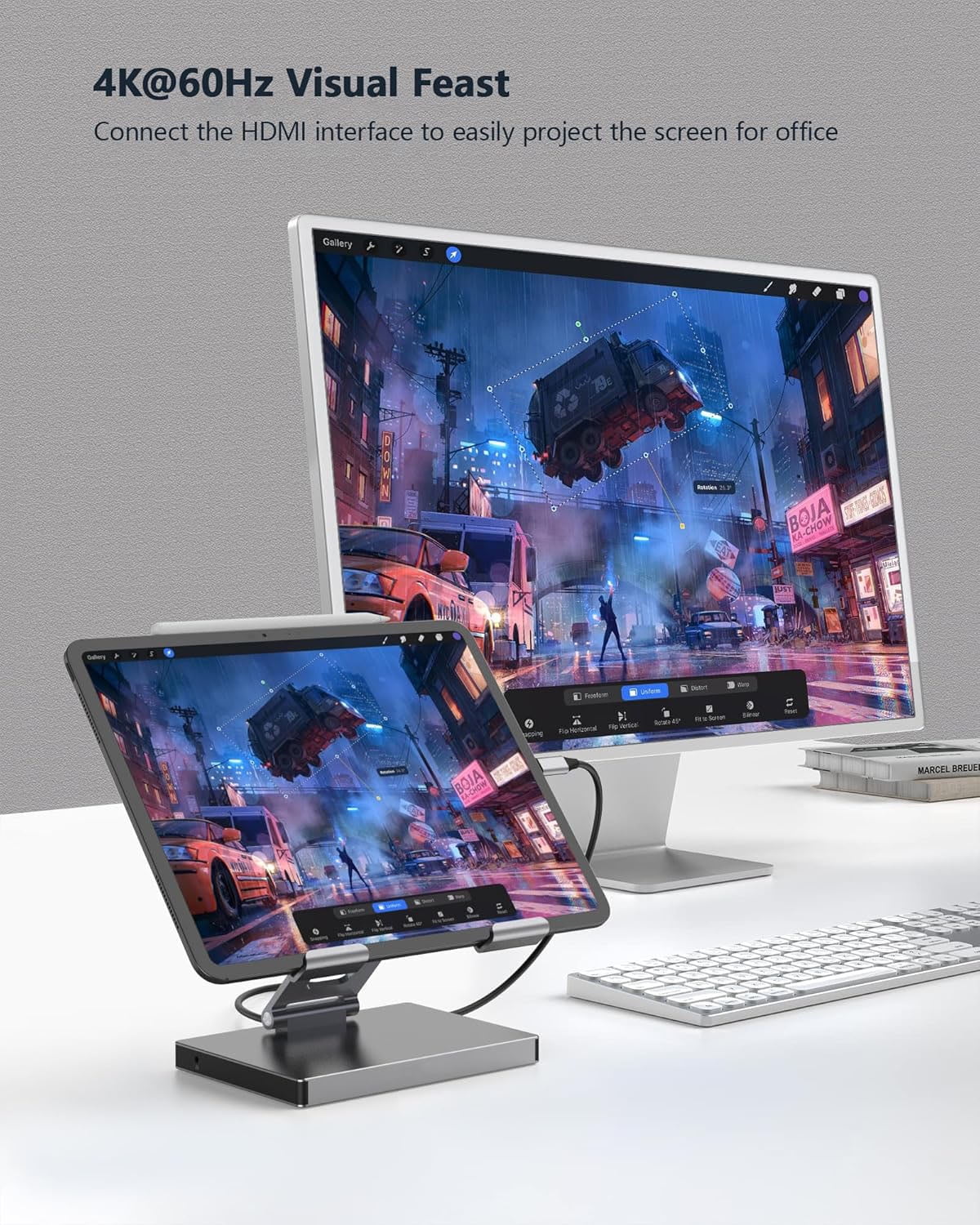 GKEAPZA iPad Pro USB C Hub Stand, 8-in-1 Adapter for iPad /Air/Pro/M4/M2/13/12.9 Docking Station Foldable 4K 60Hz HDMI, PD Charging, SD/TF Card Reader, 3 USB 3.0, 3.5mm Audio, iPad Dock Accessories