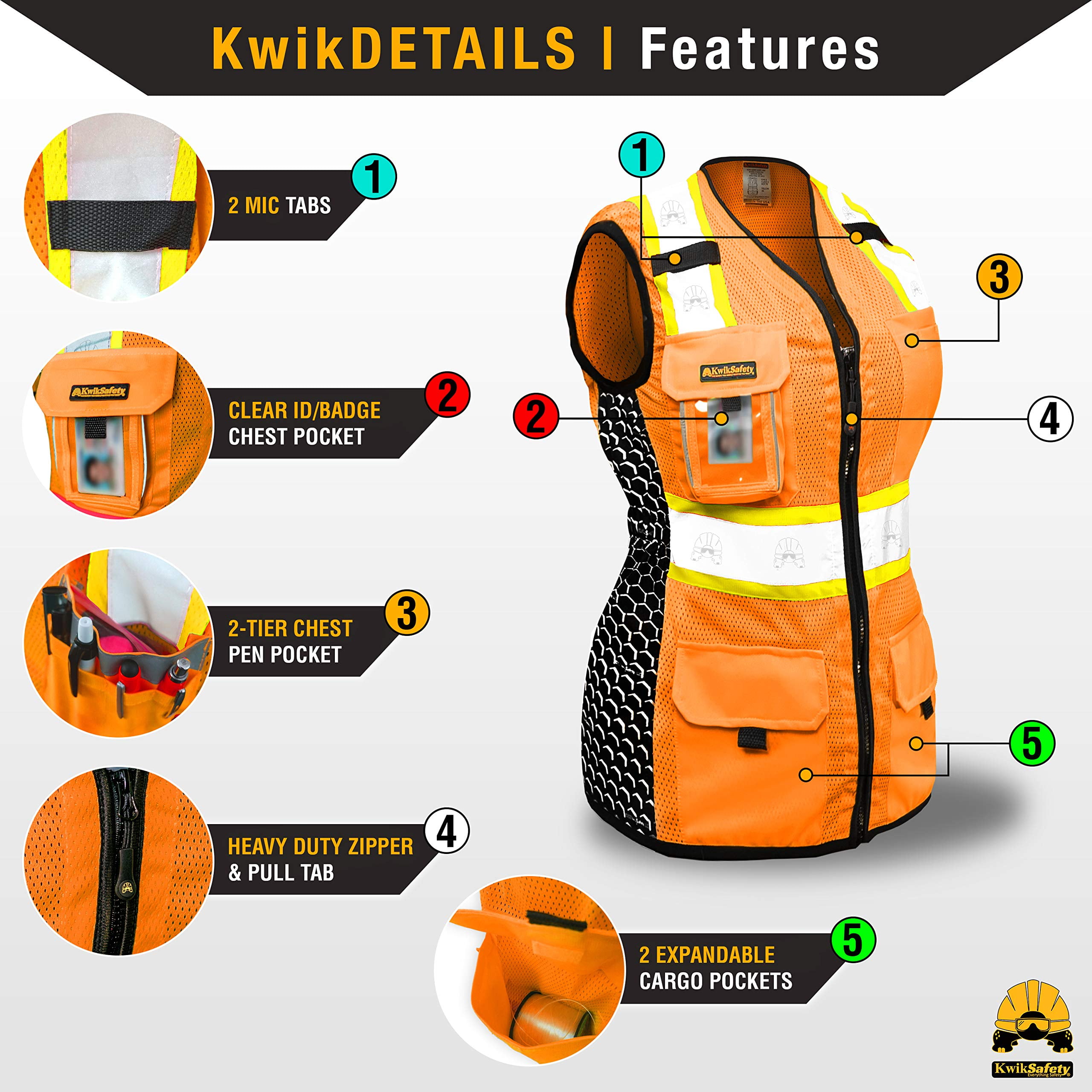 KwikSafety (Charlotte, NC) QUEEN BEE Premium Safety Vest for Women (HONEYCOMB Design) 9 Pockets Class 2 Custom High Visibility ANSI OSHA Reflective Construction Work with Zipper | Orange Large