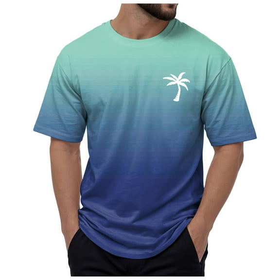 Lycaql T-Shirt Gradient Print Vacation Top T Shirt Men's Casual Crew Neck Male Summer Beach Gradient Print T Shirt Blouse Short Sleeve O Neck Tops T Shirt(Blue,L)