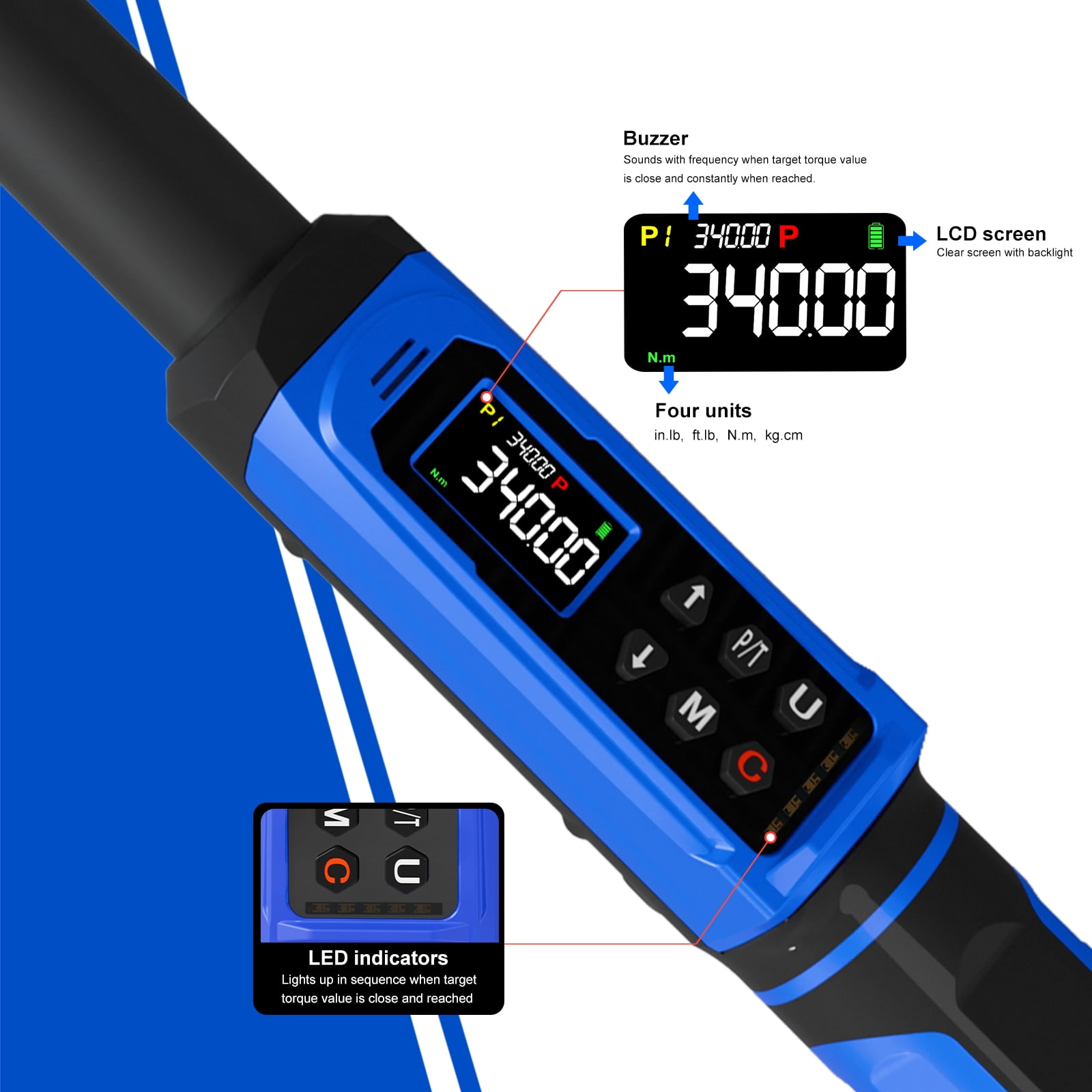 PUIBERS Digital Torque Wrench 1/2 Inch Drive 4-250FT.LB (5-340Nm) ±2% High Accuracy,5 Units lb-ft/lb-in/Nm/kg-cm/kg-m,LCD with Buzzer & LED Alerts