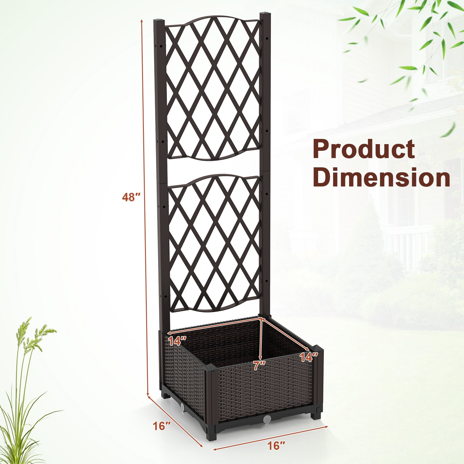Gymax Raised Garden Bed w/Trellis Planter Box for Climbing Plants 16'' x 16'' x 53''