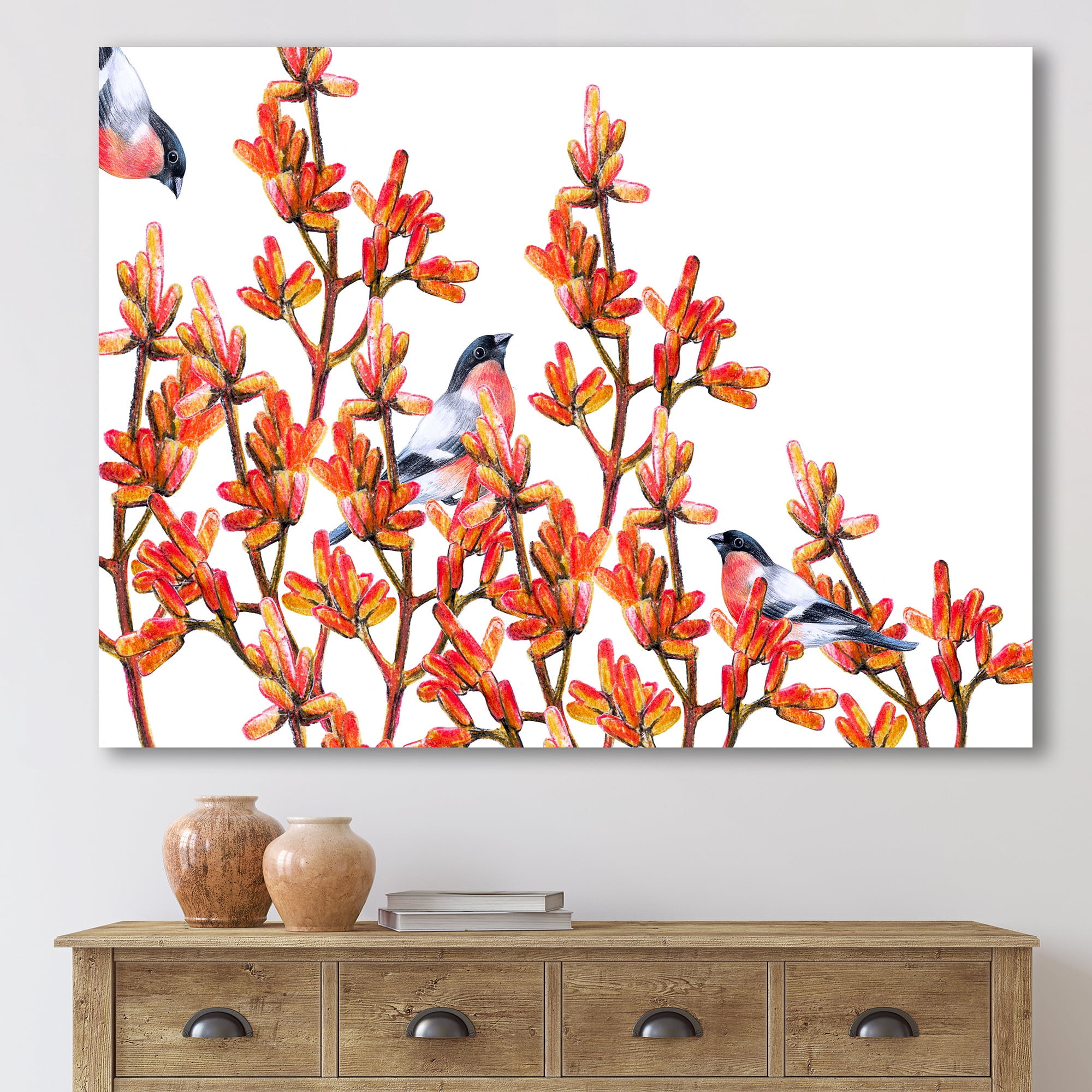 Designart ' Flock of Bullfinches Birds Sitting on Orange Branches ' Traditional Canvas Wall Art Print